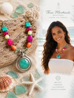 Beachy Boho Statement Necklace Pink Orange Aqua Gemstone Look Pendant